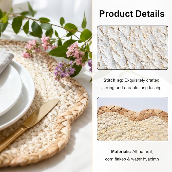 6pc Sunflower Rattan Placemat Set, Woven Boho Table Mats, Natural | 6 cotton runners (24x11") & 6 woven mats. Heat-resistant & eco-friendly. Perfect for boho, farmhouse decor & parties.