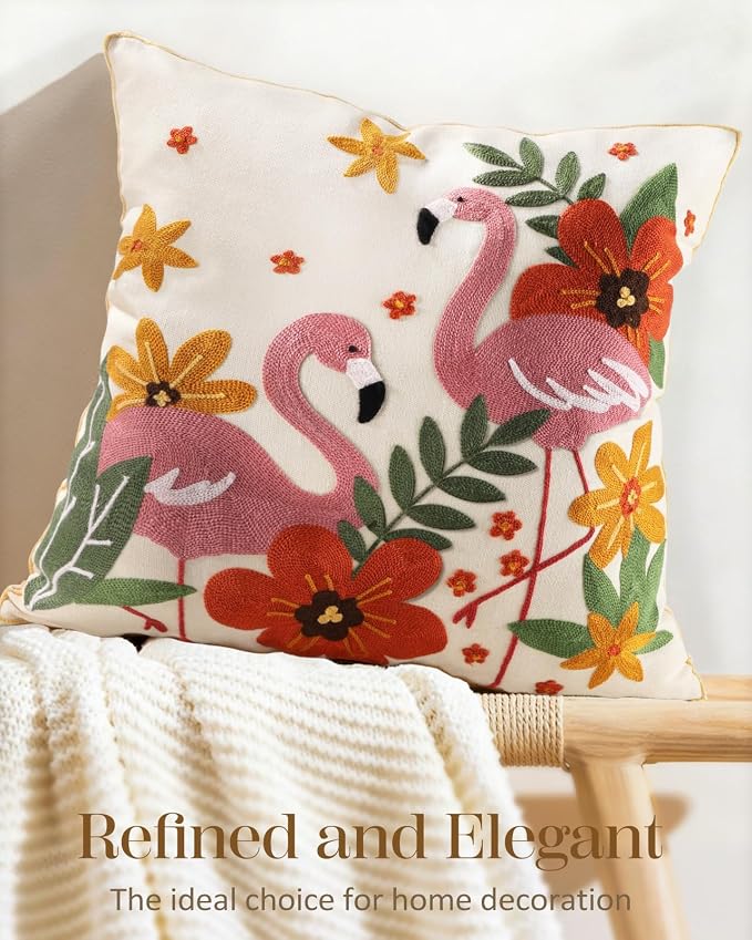 Embroidered Throw Pillow Cover 20x20 Inch - Summer Boho Decorative Pillow Cover with Zipper for Couch Sofa Living Room Farmhouse Cushion Pillowcase, Flamingos Floral