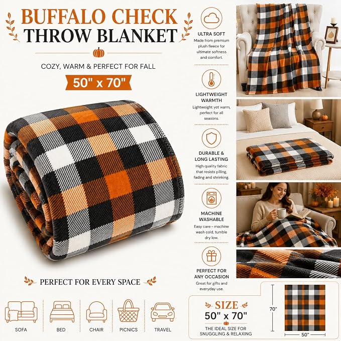 Serafina Home Fall Plaid Blanket Throw: Orange Black White Farmhouse Tartan Print on Velvet Fleece, 50" x 70" for Sofa Couch Bed Outdoor Events