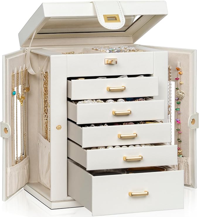 AKOZLIN 6-Tier Jewelry Box Organizer Functional 5 Drawers Leather Jewelry Storage Case for Women Girls Ring Necklace Earring Bracelet Holder Organizer with Mirror White 360° Rotating