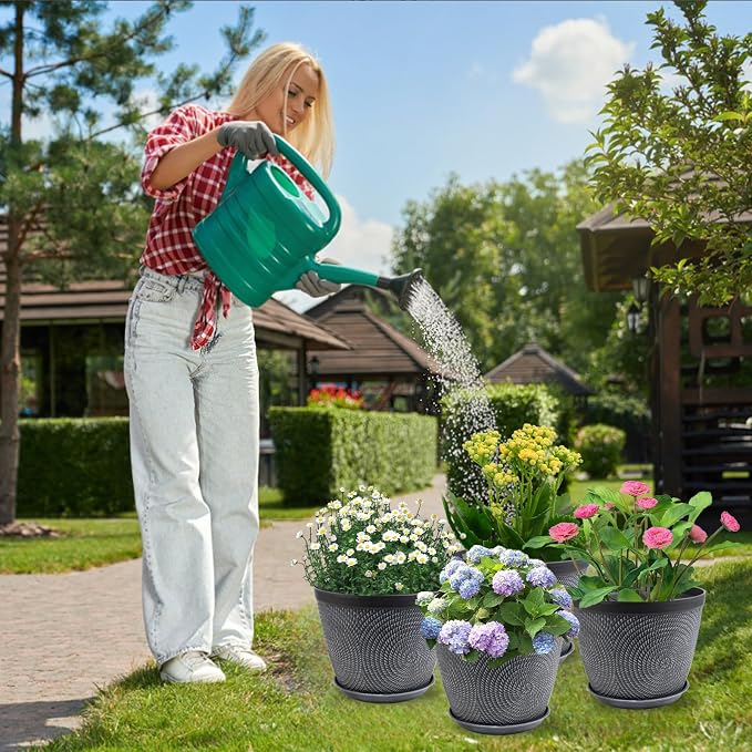 Quarut 4 Pack 8 Inch Flower Pots,Plastic Plant Pots with Drainage Hole&Tray | Odorless,Durablem,Modern Decorative Garden Pot with Saucer, planters for Outdoor Indoor House (Gray)