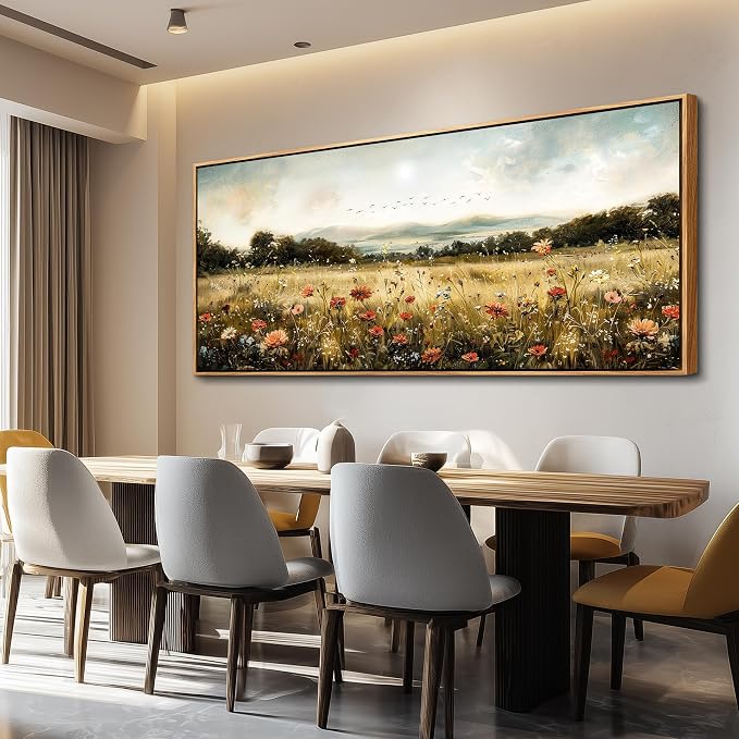KELIYUAN Large Canvas Wall Art For Kitchen Dining Room Vintage Decor, Lawn Paintings With Flowers Wall Decorations Prints Home Office Living Room Bedroom Restaurant Home Decor 32"X72" Wooden Frame