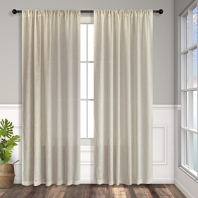 Pitalk Beige Curtains 54 Inch Length for Childrens Room 2 Panel Pocket Back Tab Top Short Neutral Semi Sheer Linen Energy Efficient Cotton Curtains for Bathroom Spa Office Retro Vintage Decor 54 Long