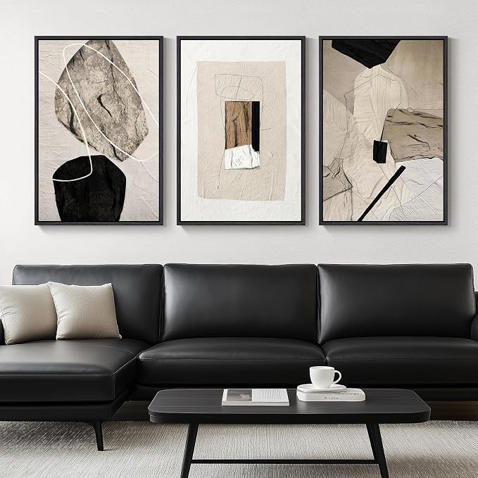 Large Framed Neutral Abstract Wall Art for Living Room,Set of 3, 24x36 In | Black and beige modern pictures, Canvas prints, Minimalist painting, Artwork for walls, Wall decor for bedroom office hallway