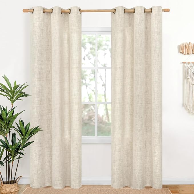 YoungsTex Linen Curtains 38 x 84 Inch Length, Light Filtering Drapes Rustic Semi Sheer with Bronze Grommet Privacy for Bedroom Living Room Decorative, 2 Panels