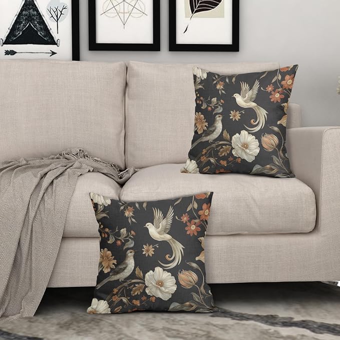 Kawani Vintage Floral Pillow Covers 16x16 Inch Set of 2 Black Chinoiserie Flower and Bird Outdoor Decorative Throw Pillows Retro Rustic Pillowcases Farmhouse Cushion Covers for Couch Home Decor