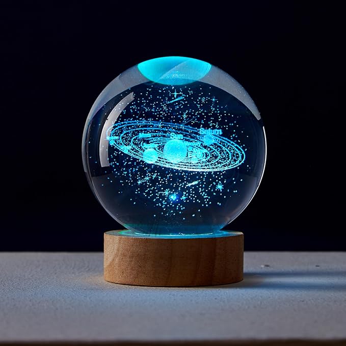 3D Solar System Crystal Ball Lamp, Upgraded 3.15 Inch Galaxy Crystal Ball Night Light with 16 Colors LED Wooden Base, Remote Control, Gift Box Packaging, Home Decor Gift for Friends (solar system)