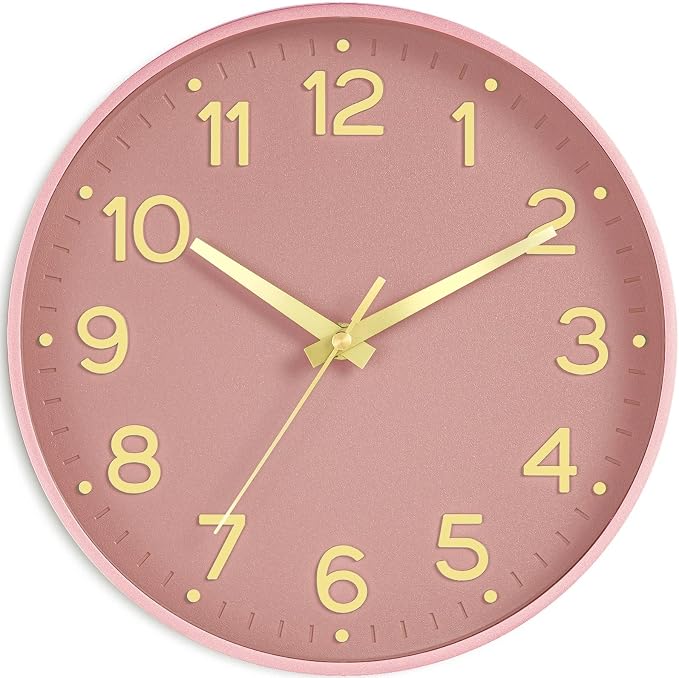 Roymnie 12 Inch Wall Clock Battery Operated Silent Non Ticking Analog | Pink Gold modern analog; large 3D easy-read dial for kitchen, office, bathroom & bedroom; 1 AA battery (not included)