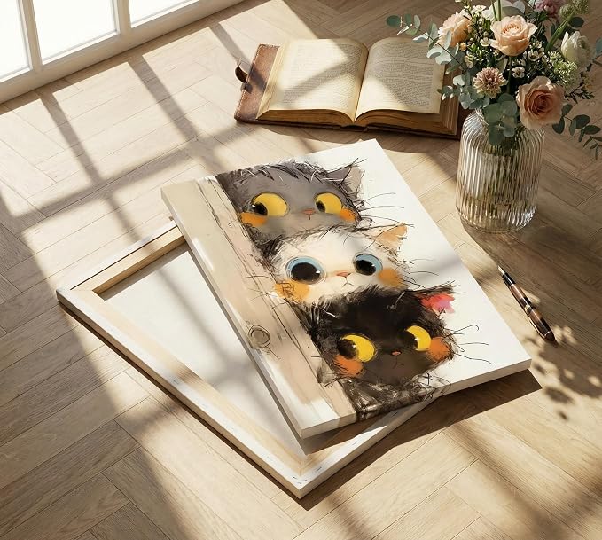 Cute Little Kitten Canvas Wall Art Funny Cartoon Cat Wall Decor Picture | Three Peeping Kittens Poster Print for Kids Room Bathroom Dining Room Nursery Cat Lovers Painting Artwork Home Decoration
