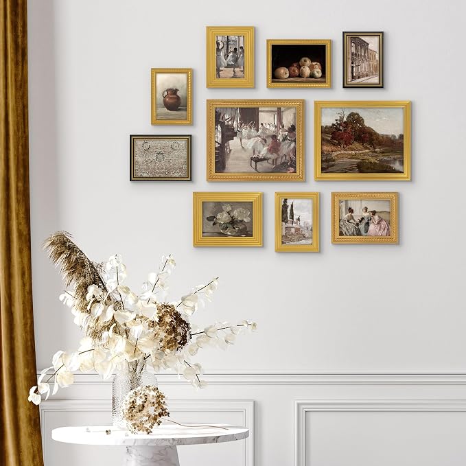 Americanflat Set of 10 Vintage Gold Frames with Polished Clear Glass - Gallery Wall Frame Set with Two 8x10, Four 5x7, and Four 4x6 Antique Frames for Tabletop or Wall Display