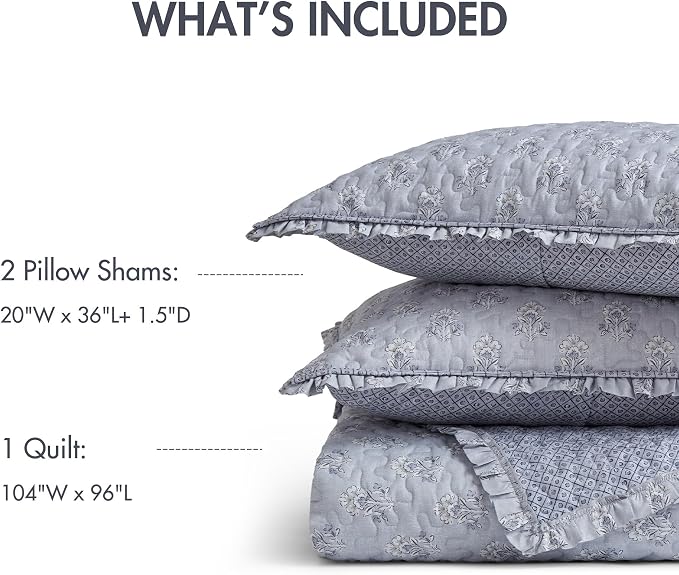 Madison Park Vintage Floral Quilt Set, 3PC King/Cal King Reversible Bed Set | Lightweight Bedspread Set with 2 Shams, Traditional Block Print Coverlets with Ruffled Edge, Grayish Blue