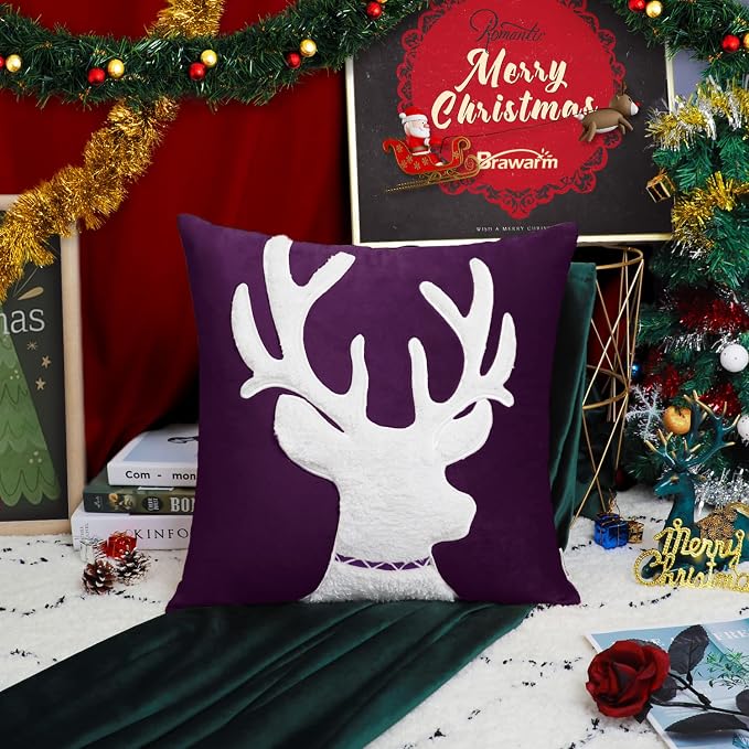 BRAWARM Christmas Pillow Cover 20 X 20 Inches, Purple Reindeer Embroidered Pillow Cover, Soft Velvet Decorative Throw Pillow for Couch Bed Sofa Living Room Home