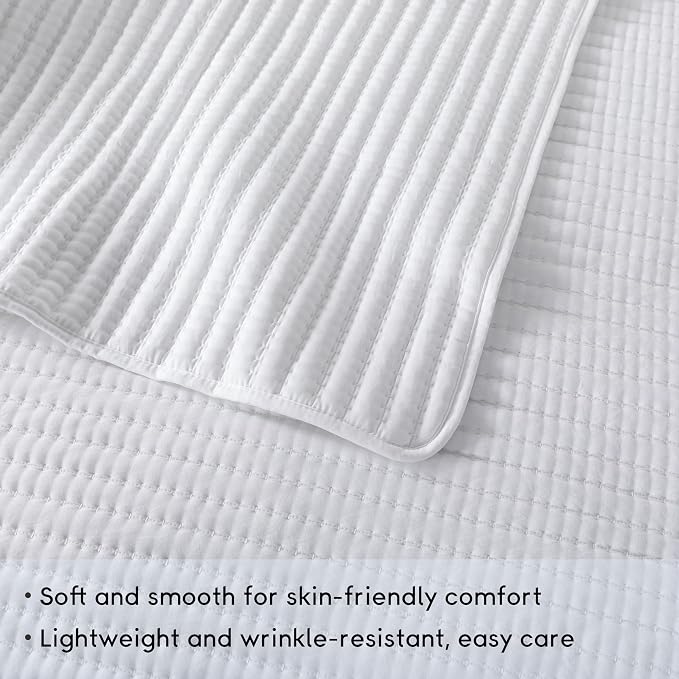 WDCOZY Queen Size Pick Stitch Quilt Set, 3 Pieces 90x90 inches, White | Striped Lightweight Bedspread, Channel Farmhouse Coverlet, Thin Bedding Comforter, All Season Summer Spring, 2 Pillow Shams