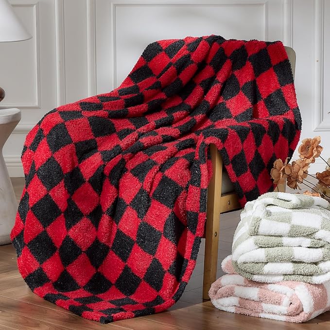 NEWCOSPLAY Knitted Throw Blanket for Couch Sofa Bed, Red Black, 50"x60" | Super Soft Plush, Fuzzy Fluffy Microfiber, Lightweight Cozy Blanket for Room Decor, All Season Use