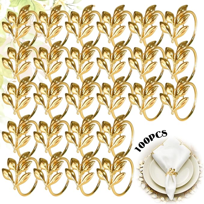Leaf Napkin Rings Set of 100 Metal Napkin Rings Bulk Table Napkin Ring Suitable for Valentine Thanksgiving Banquets Table Parties and Everyday