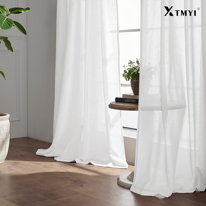XTMYI 54 Inch Length White Short Curtains for Windows Living Room,Semi Sheer Linen Cotton Curtains for Bathroom Window Bedroom,54 in Long