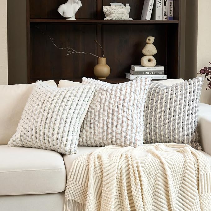 Aeckself Handmade Boho Chenille Tufted Pillow Cover 20x20 Inch, Decorative Square Throw Pillow Cover Neutral Pillowcase for Couch Bedroom Living Room, Grey White