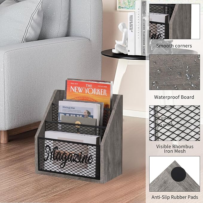 YINMIT 3 Tier Magazine Rack, Stepped Magazine Holder Floor for Home Storage | 3 Tier Stepped Design, Wood and Metal Construction, Easy Magazine Display, Book Organizer Basket for Living Room, Office