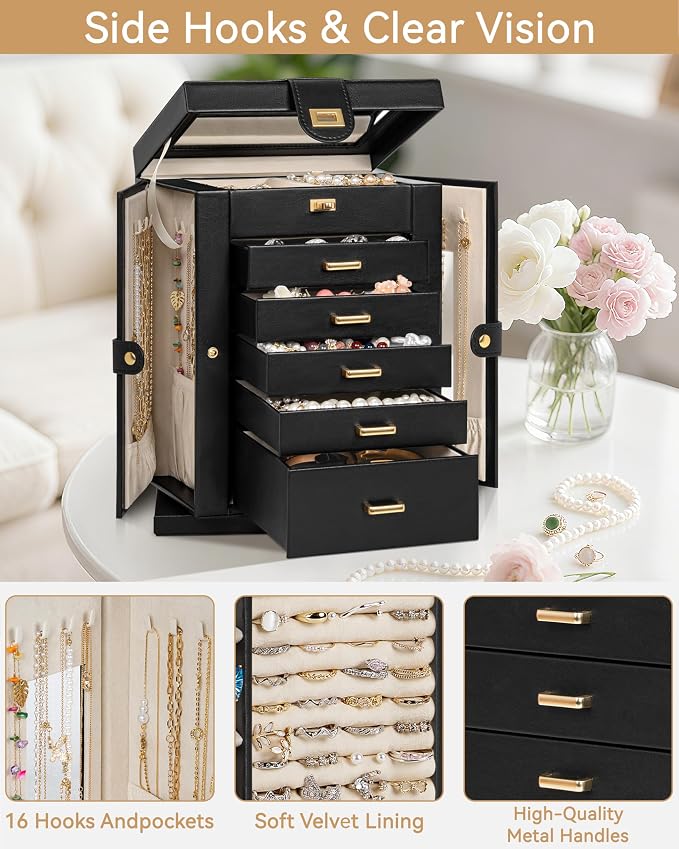 AKOZLIN 6-Tier Jewelry Box Organizer Functional 5 Drawers Leather Jewelry Storage Case for Women Girls Ring Necklace Earring Bracelet Holder Organizer with Mirror Black 360° Rotating