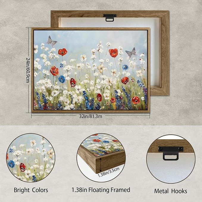 Wildflower Field Framed Canvas Wall Art, 4th of July Canvas prints | Vintage Rustic Landscape Poster Print, Independence Day Wall Decor for Bedroom Living Room 24×32in