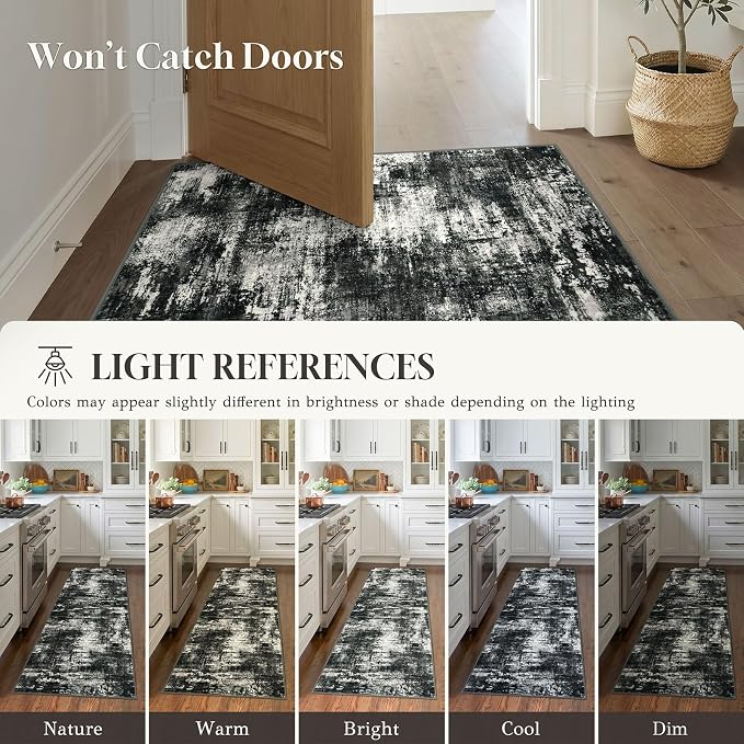 Lansny Abstract Washable Entryway Rug 2x3 Area Rug Small Non Slip Door Mat | Charcoal Black;Thin Printed Faux Wool Kitchen Rugs;Indoor Front Door Rug;Entry Rug;Throw Rugs for Foyer,Entrance;Floor Carpet