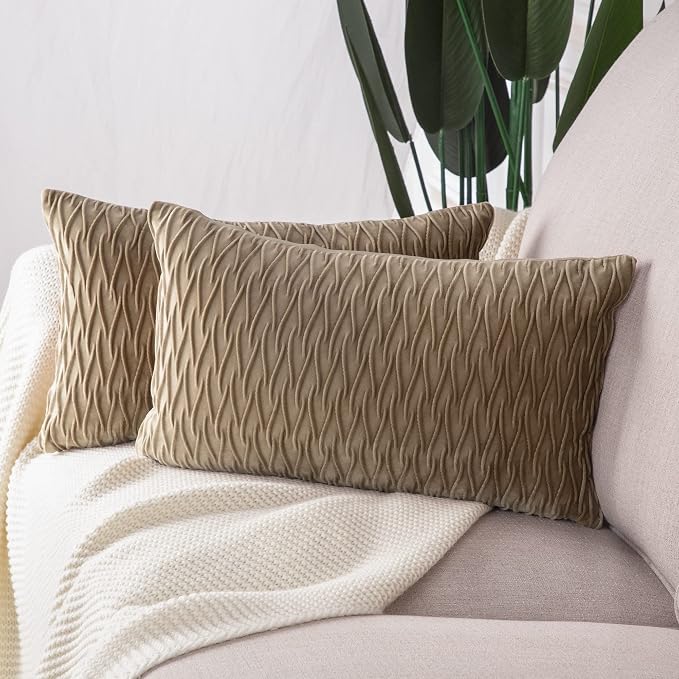 MADIZZ Set of 2 Super Soft Velvet Decorative Throw Pillow Covers 12x20 inch Light Brown Rectangular with Texture Luxury Style Cushion Case Pillow Shell for Sofa Bedroom