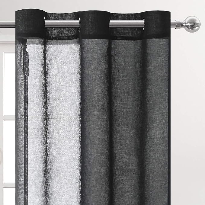 DWCN Black Sheer Curtains for Living Room Bedroom and Funeral/Gothic Wedding - Faux Linen Look Voile Drapes Grommet Top Window Curtain Panel 46 x 54 Inch Length, Set of 2 Panels