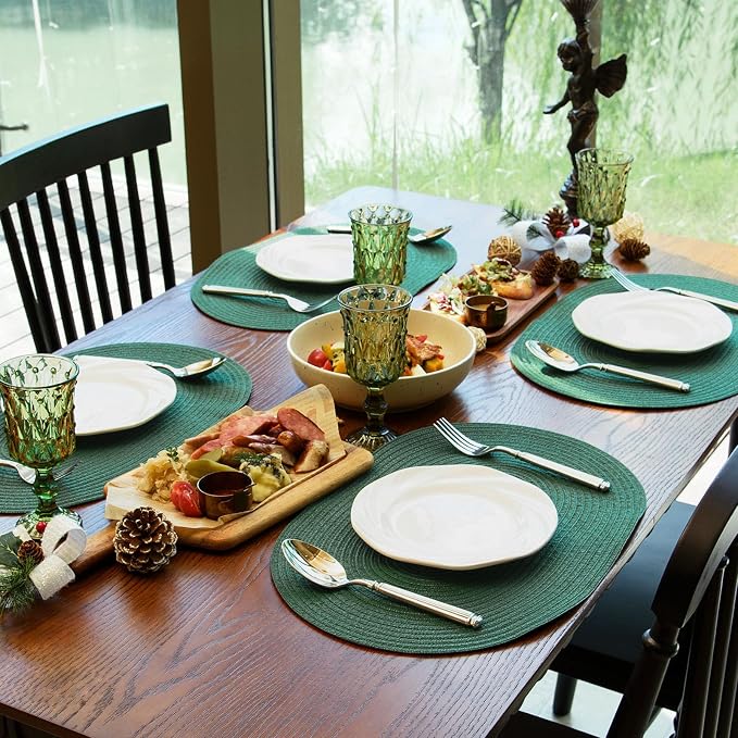 Placemats Set of 4, Woven Oval Braided Dining Table Mats(Sage Green) | 12 x 17.5 Inch Size Fits Plates and Flatware; Hand Washable and Heat Resistant for Kitchen Use, with Farmhouse and Boho Style
