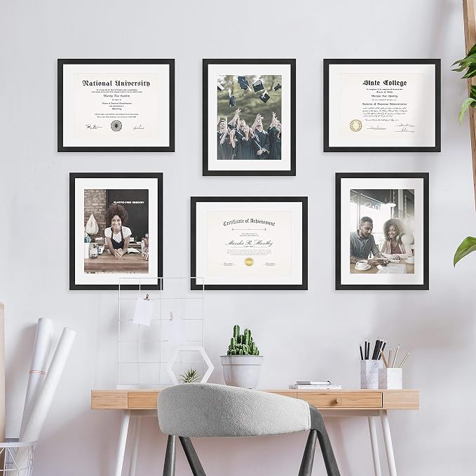 MCS Gallery Essential 11x14 Matted Diploma Frame with 8.5x11 Opening, Black Picture Frame for Gallery Wall, Documents, Awards & Certificates (6-Pack)