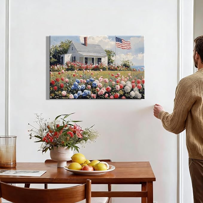 RIBNTAK Patriotic American Flag & Floral Farmhouse Canvas Wall Art, 4th of July Coastal Cottage Pictures, Wildflower Landscape, Independence Day Wall Decor for Living Room, Kitchen, Made USA