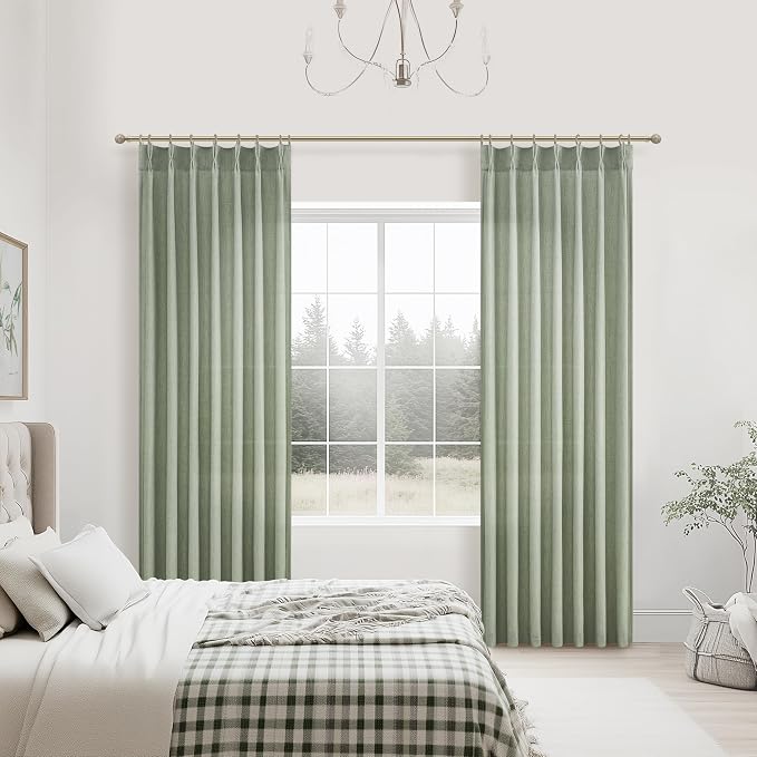 Sage Green Pinch Pleated Floor to Ceiling 102 Inch Long Curtains for Dining Room, Thick Linen Semi Sheer Window Drapes Light Filtering Privacy 8-1/2 FT Length Office/Sunroom Large Curtain 2 Panels