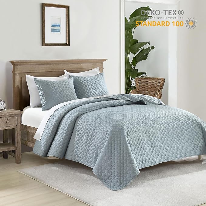 HORIMOTE HOME Quilt King Size Chambray Blue, Lightweight Quilt for Summer, Ultra-Soft Polyester Modern Style Quilted Clouds Pattern Bedspread Quit Set 3 Pieces(1 Quilt and 2 Pillow Shams)
