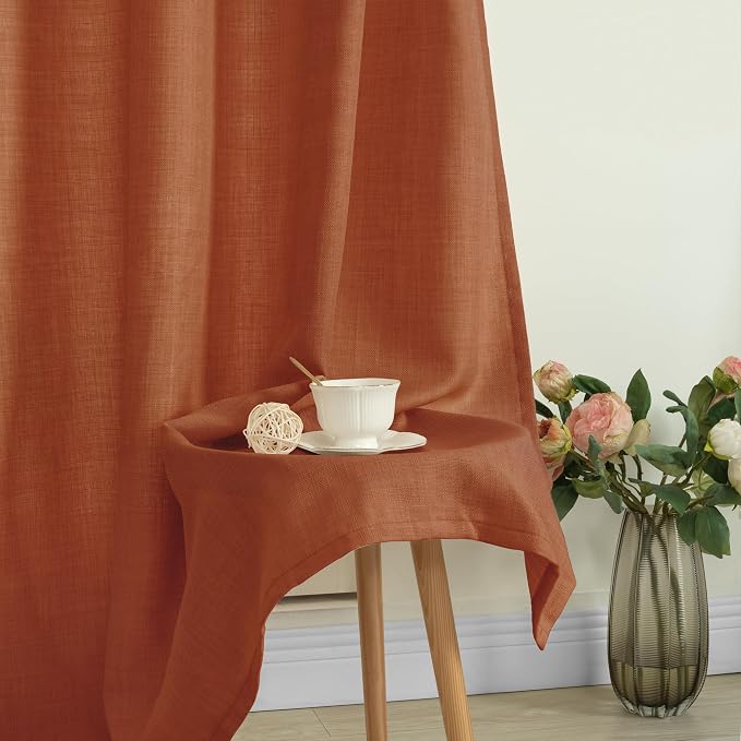 Terracotta Linen Curtains for Living Room 102 Inch Length 2 Panels | Rust Fall Decor, Light Filtering, Farmhouse, Semi Sheer, Privacy Protected, Boho Bedroom Drapes, Grommet, 52 x 102 Inch