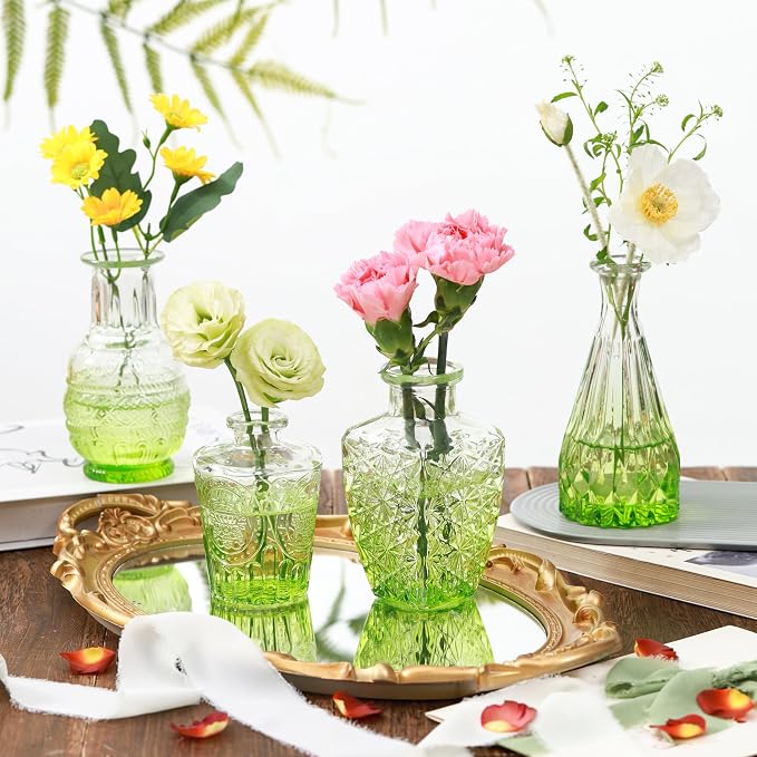 Olive Green Glass Bud Vases Set of 10, Wedding Table Centerpiece | Set of 10 Olive Green Vintage Glass Bud Vases, Earthy Tones for Rustic & Bohemian Wedding Centerpieces and Home Decor