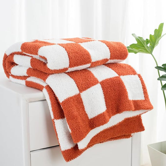 Carriediosa Checkered Throw Blanket 60x80, 400GSM Ultra Soft Microfiber | Rust, Fuzzy Fluffy Cozy Plush Knit Knitted Plaid Checker, Lightweight Cute Preppy Fall Blankets & Throws for Couch, Bed