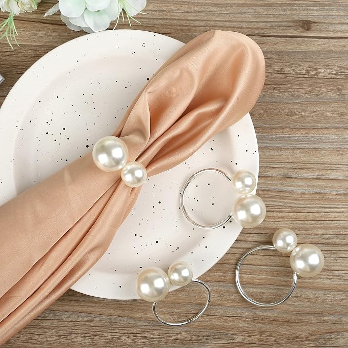 Kesote Pearl Napkin Rings Set of 12, Silver Napkin Wraps | Napkin Holder Rings, Formal or Casual Dining, Table Decor
