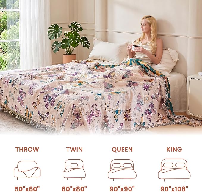 MSGKV Boho Throw Cotton Butterfly Blanket 60"x80" for Couch Sofa Decor | Muslin Blanket, Twin Size, Summer Breathable, All Seasons, Lightweight, Travel Friendly, Farmhouse Decor, Machine Washable