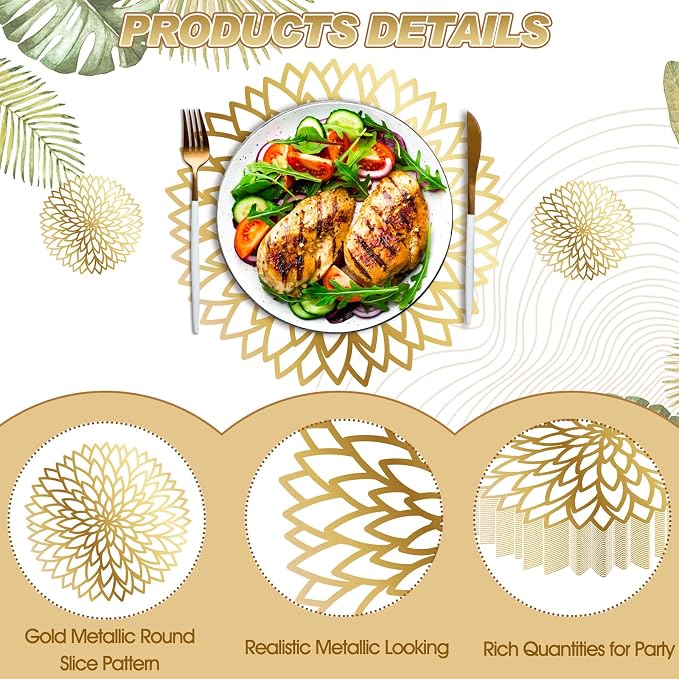 Geosar 200 Pcs Gold Round Disposable Paper Placemats Set 13 Inch | With Coasters for Drinks, Charger Size Fits Plates, Summer Hawaiian Luau Placemat for Wedding Bridal Shower Birthday