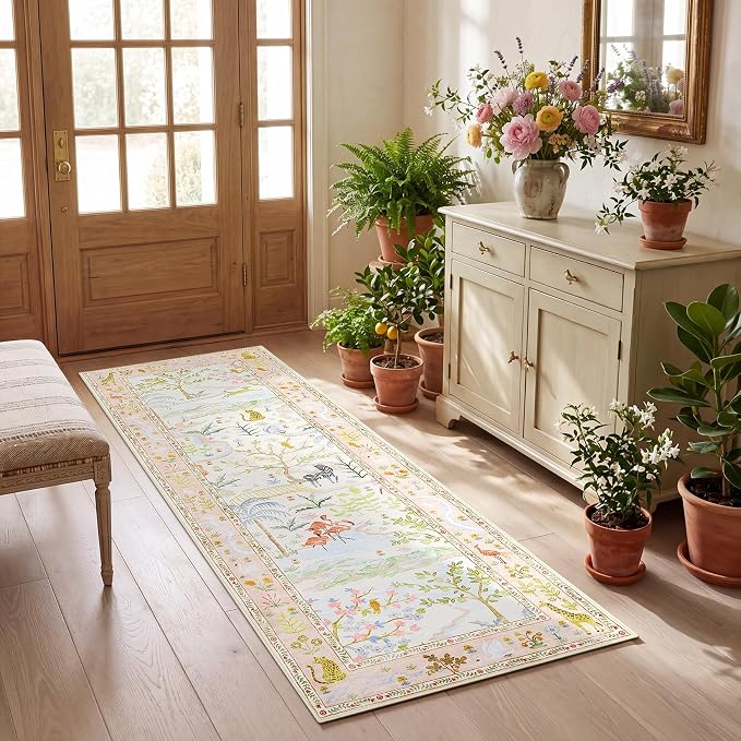 2x6 Hallway Runner Rug Non Slip Forest Nursery Runners Washable Stain Resistant Fairy Tale Whimsical Long Runner Carpets Girls Room Blush Safari Animal Rugs for Living Room Kitchen Bedroom, PeachBlush