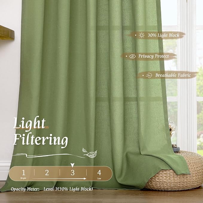72 inch Length Green Semi Sheer Linen Curtains for Living Room | Light Filtering, Linen Textured, Boho, Spring Room Decor, Drapes for Farmhouse, Bedroom, Rod Pocket, 2 Panels, 52 x 72 Inch