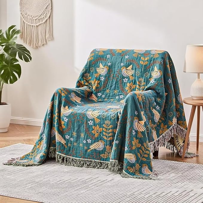 Boho Throw Blanket for Bed 100% Cotton Bohemian Blankets Ultra Soft Woven Muslin Decorative Blankets All Seasons Vintage Quilt Knitted Blanket for Sofa Chair(Blue, 50"x60")