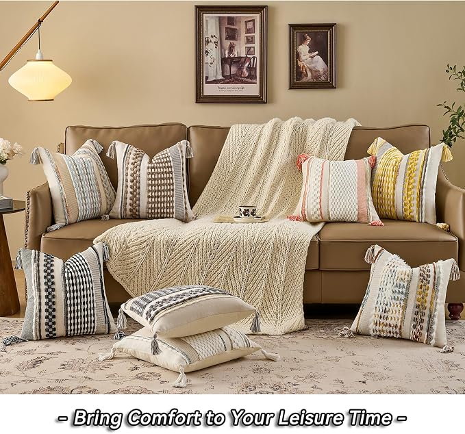 AmHoo Chenille Striped Textured Boho Throw Pillow Covers Aesthetic with Tassels Woven Decorative Pillow Case for Couch Bed Sofa Bedroom Modern Funky 18 x 18-Inch Taos Taupe