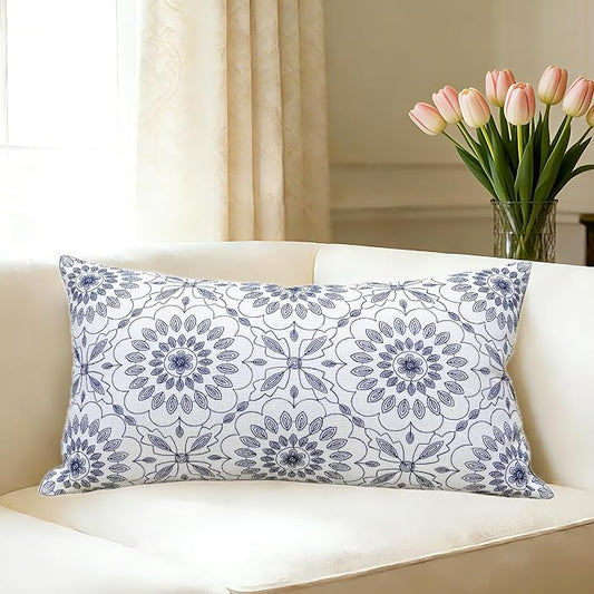Slow Cow Embroidery Decorative Lumbar Throw Pillow Cover for Couch Sofa Bedroom Geometric Flower Pattern Cushion Cover 12 x 24 Inches Navy Blue