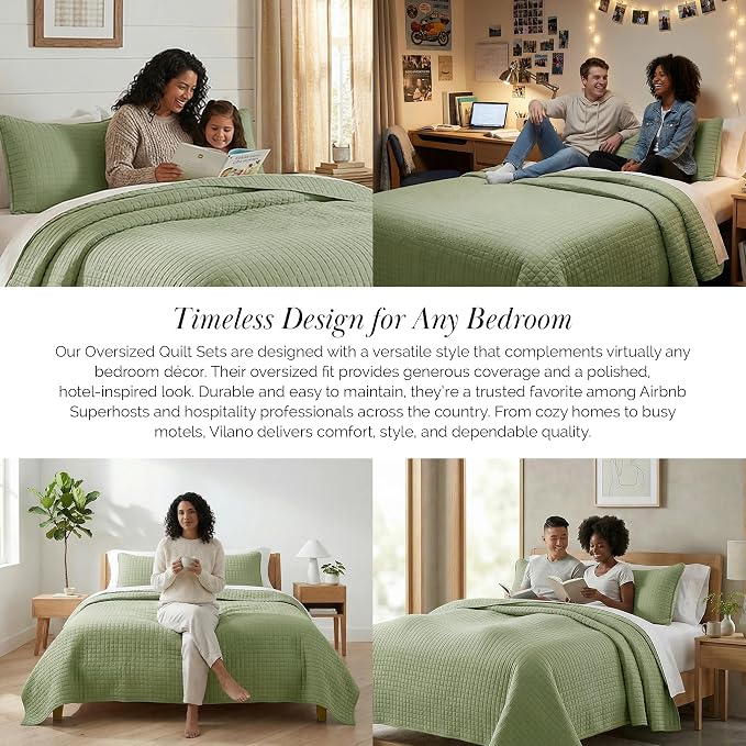 Southshore Fine Living, Inc. Twin XL Quilt Set, Dorm Room Bedding Essentials, Stain Resistant Bedding, Machine Washable Bed Spread, Twin XL Green Quilt Bedspread Set w/Pillow Sham, Sage Green