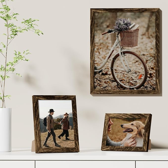 Vittanly 11x14 Picture Frames Set of 9 for Wall Mounting, Brown | Display Pictures 8x10 with Mat or 11x14 without Mat, Engineered Wood with Shatter Resistant Plexiglass, Gallery Photo Frames