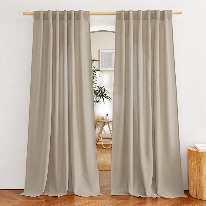 NICETOWN Thick Linen Curtains for Bedroom, Rod Pocket & Back Tab Vintage Flax Semi-Sheer with Light Filtering Curtains & Drapes Privacy Assured for Living Room, Camel, W55 x L84, 2 Pieces