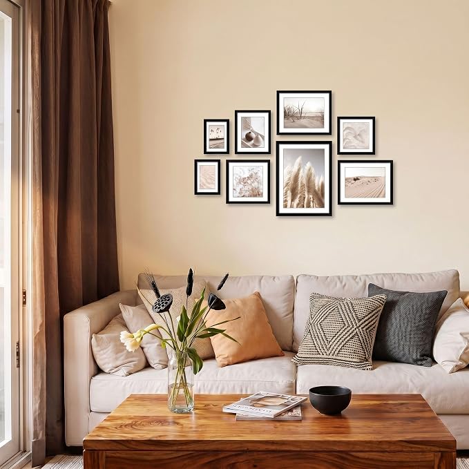 Gallery Wall Frame Set, 8 Pack Black Picture Frames, Large | Collage Pampas Grass Prints Wall Art Decor for Living Room, Entryway, Stairway, Bedroom, Assorted Size