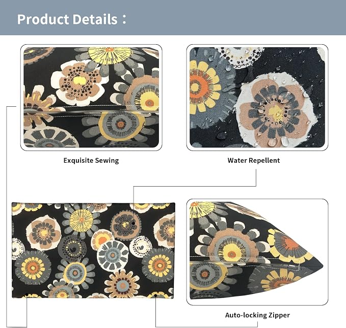 Outdoor Lumbar Pillow Covers 12”x20”, Rectangle Throw Pillow Covers for Patio Furniture, Decorative Lumbar Cushion Case for Garden Balcony Couch Office Chair, Pack of 2,Black Yellow Crosby
