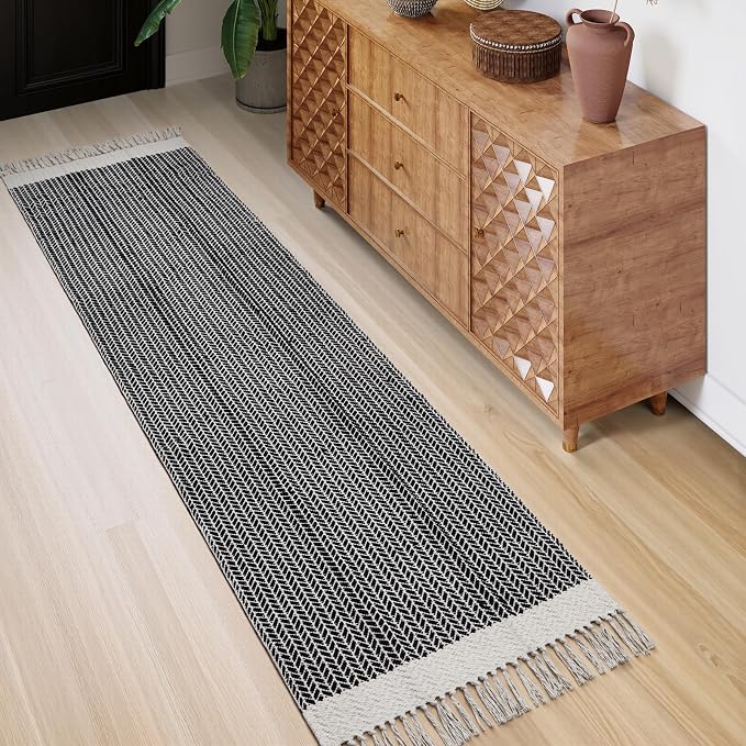 Lahome Boho Kitchen Runner Rug, 2'6''x8 Washable Rugs for Hallways Bathroom | Black Bath Mat Woven with Tassels, Farmhouse Decor Non Shedding Lightweight Carpet for Entryway Bedroom Living Laundry Room
