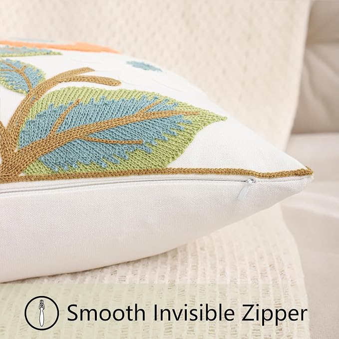 Embroidered Throw Pillow Covers 18x18 Pack of 2 Green and Orange Pillow Covers Flowers with Leaves Pillow Cushion Case Summer Decorative Farmhouse Pillowcases Square Rustic Floral Pillow Case